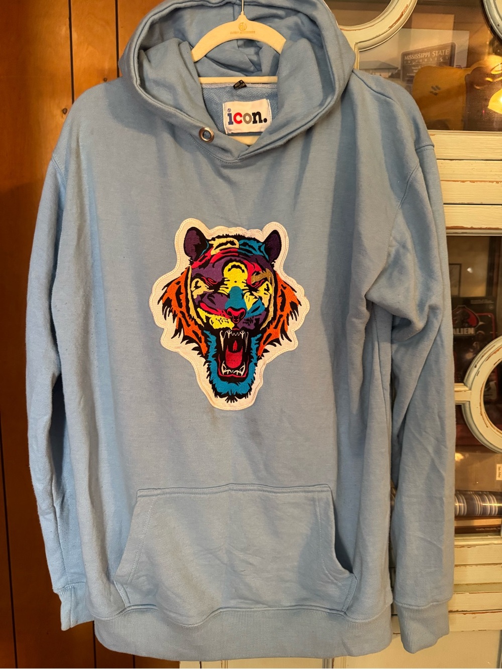 ICON Light Blue Hoodie with Multicolor Tag